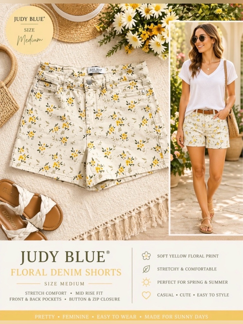 Judy Blue Floral Print Denim Shorts 1XL NWT Mid Rise Stretch Summer Size 1X NWT - Picture 5 of 9
